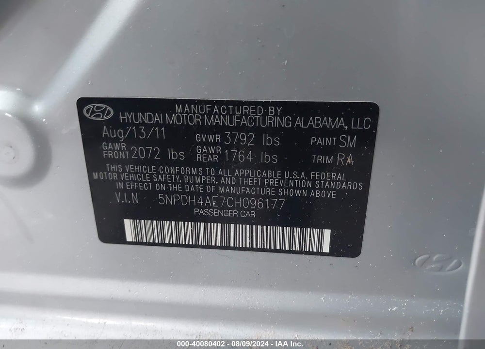 2012 HYUNDAI ELANTRA GLS VIN: 5NPDH4AE7CH096177