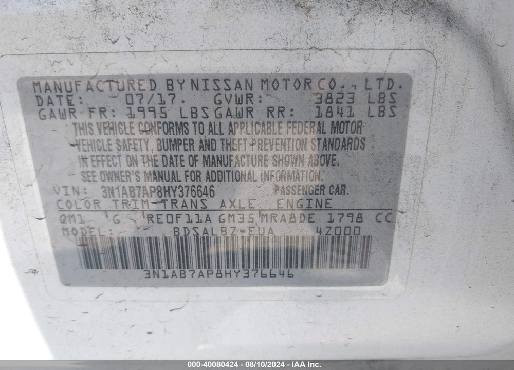 2017 NISSAN SENTRA S VIN: 3N1AB7AP8HY376646
