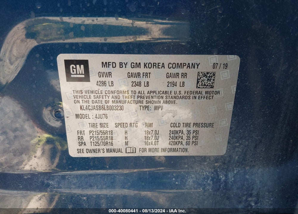 2020 BUICK ENCORE FWD PREFERRED VIN: KL4CJASB6LB003230