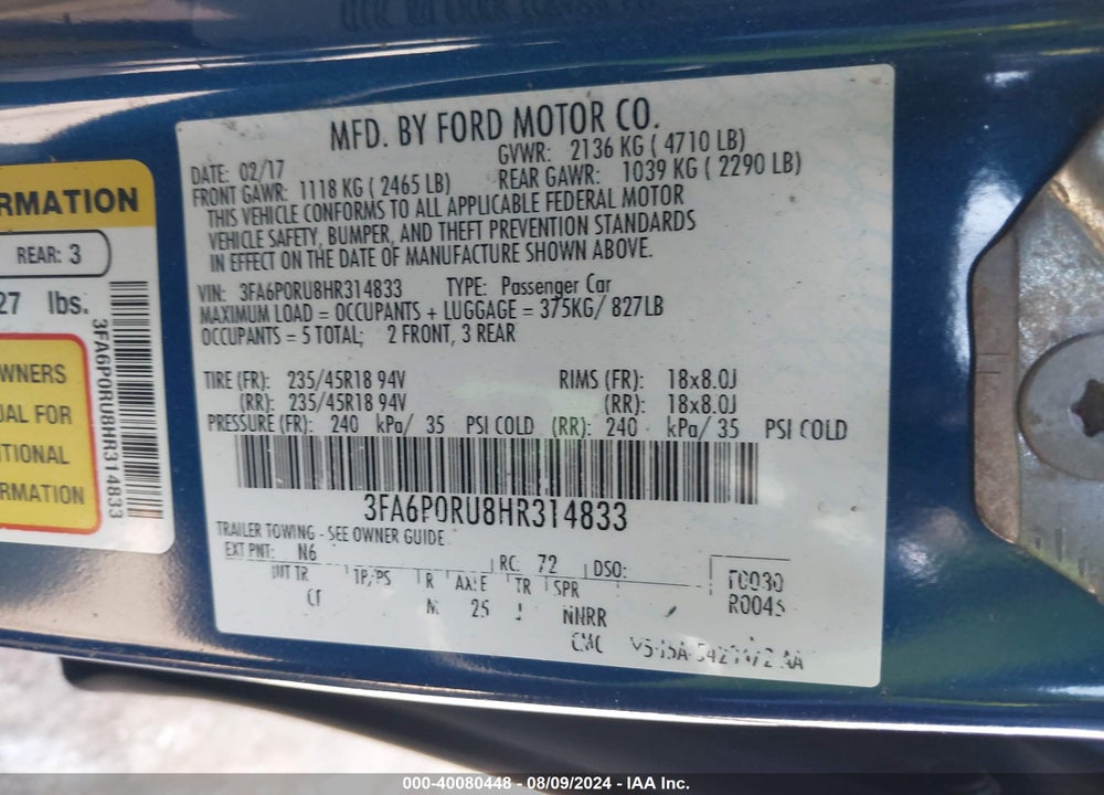 2017 FORD FUSION HYBRID TITANIUM VIN: 3FA6P0RU8HR314833
