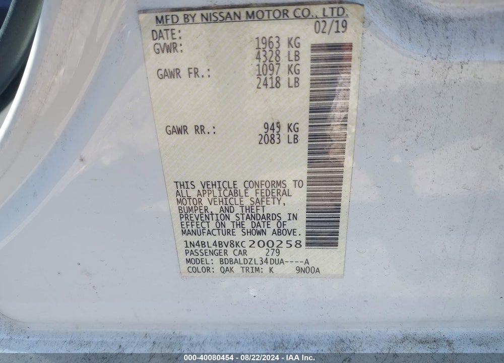 2019 NISSAN ALTIMA 2.5 S VIN: 1N4BL4BV8KC200258