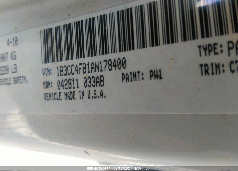2010 DODGE AVENGER VIN: 1B3CC4FB1AN178400