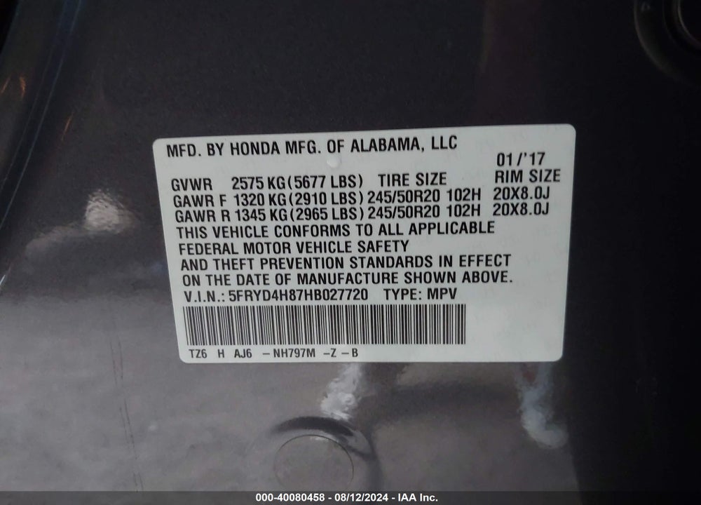 2017 ACURA MDX ADVANCE PKG VIN: 5FRYD4H87HB027720