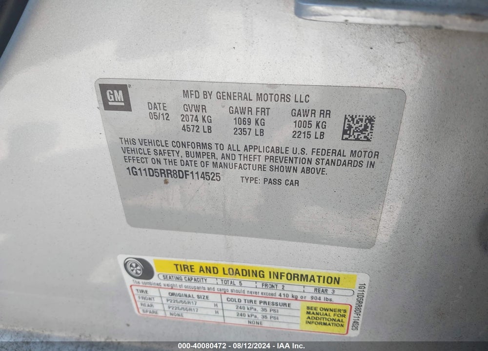 2013 CHEVROLET MALIBU VIN: 1G11D5RR8DF114525