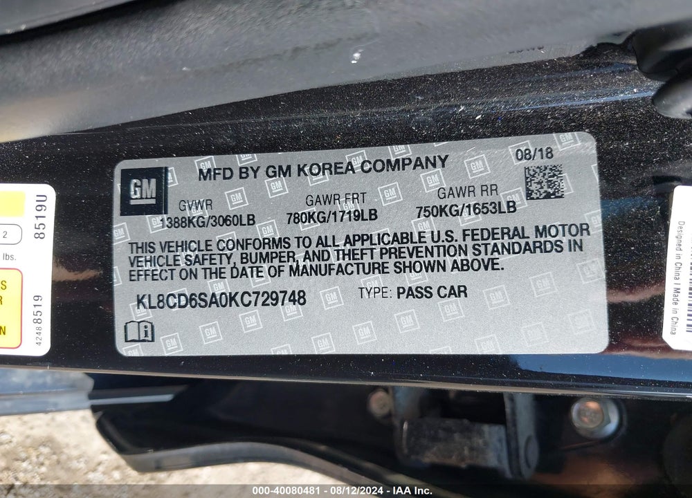 2019 CHEVROLET SPARK 1LT CVT VIN: KL8CD6SA0KC729748