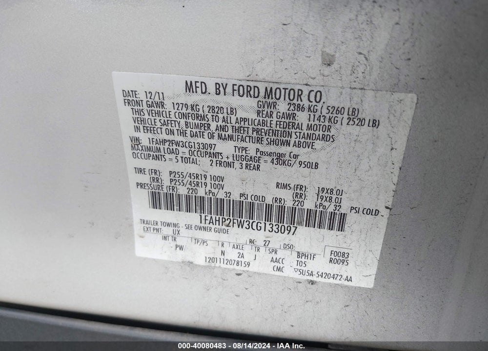 2012 FORD TAURUS LIMITED VIN: 1FAHP2FW3CG133097