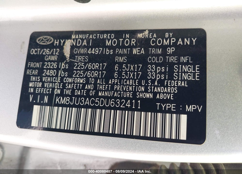 2013 HYUNDAI TUCSON GLS VIN: KM8JU3AC5DU632411