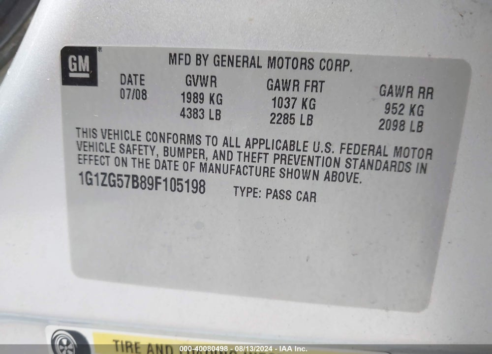 2009 CHEVROLET MALIBU VIN: 1G1ZG57B89F105198