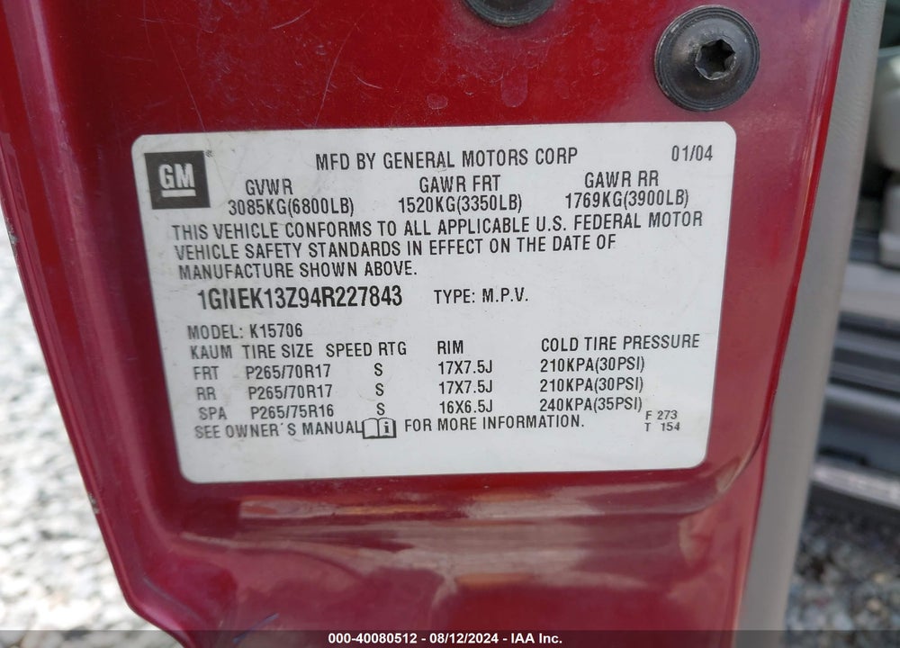 2004 CHEVROLET TAHOE VIN: 1GNEK13Z94R227843