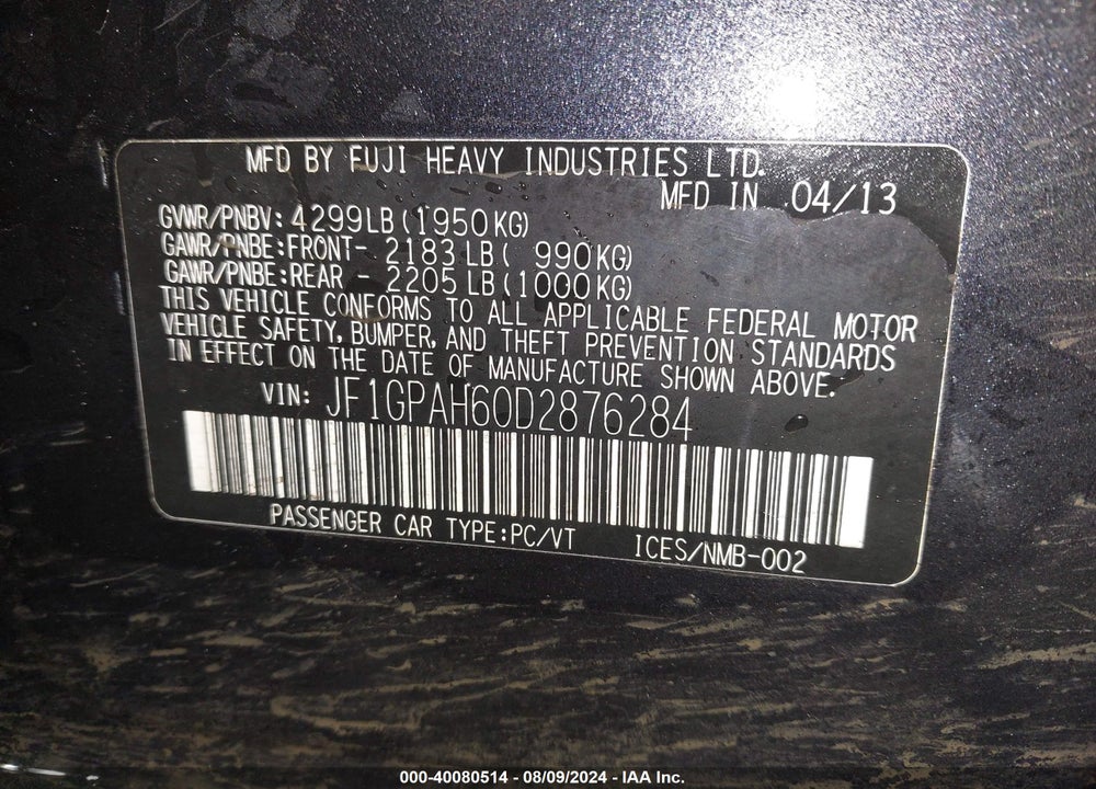 2013 SUBARU IMPREZA 2.0I LIMITED VIN: JF1GPAH60D2876284