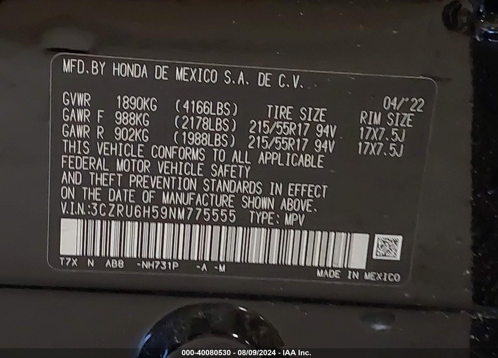 2022 HONDA HR-V AWD EX VIN: 3CZRU6H59NM775555