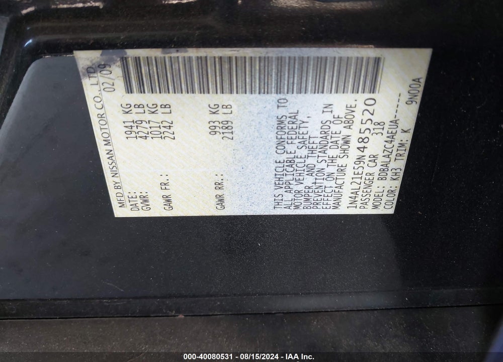 2009 NISSAN ALTIMA 2.5 VIN: 1N4AL21E59N485520