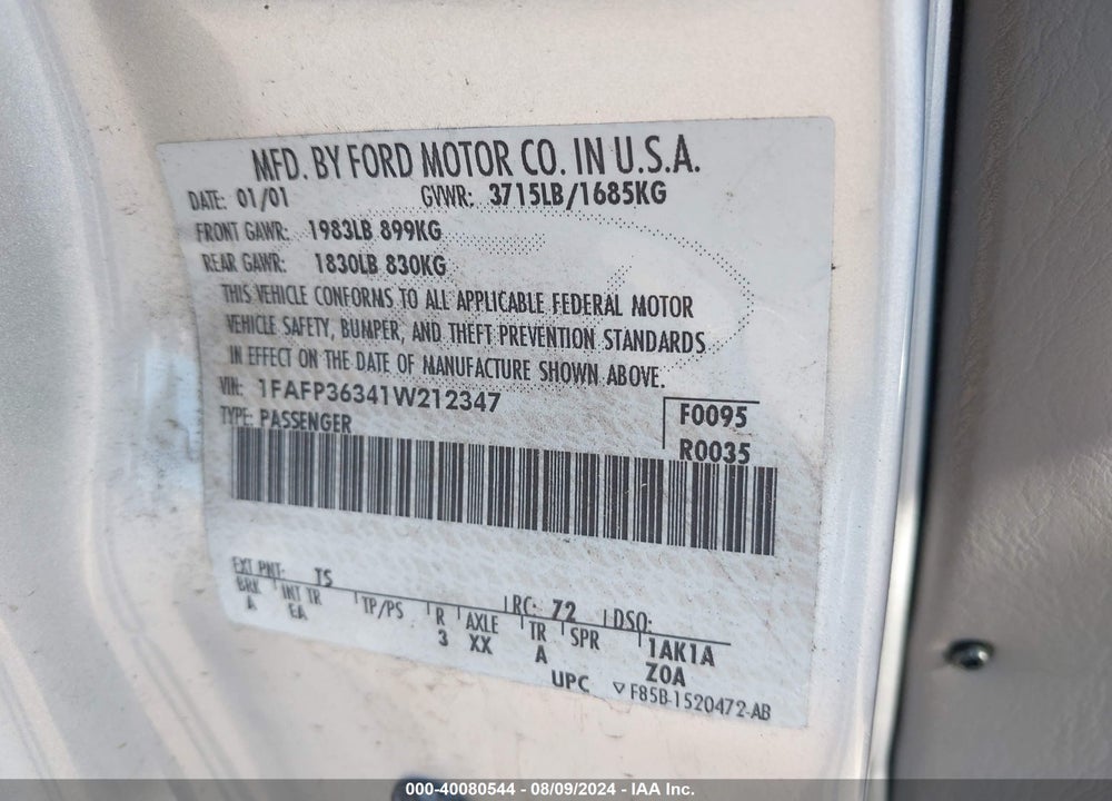 2001 FORD FOCUS SE VIN: 1FAFP36341W212347