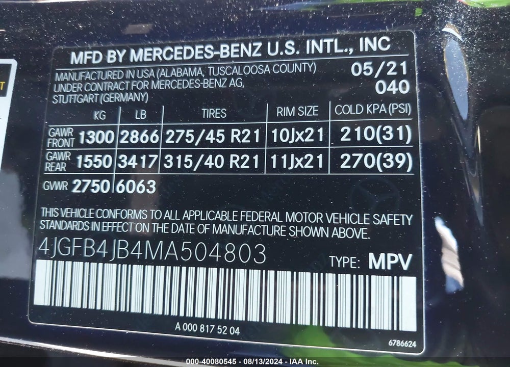 2021 MERCEDES-BENZ GLE 350 VIN: 4JGFB4JB4MA504803