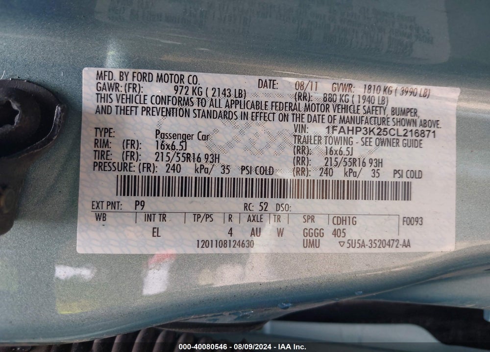 2012 FORD FOCUS VIN: 1FAHP3K25CL216871