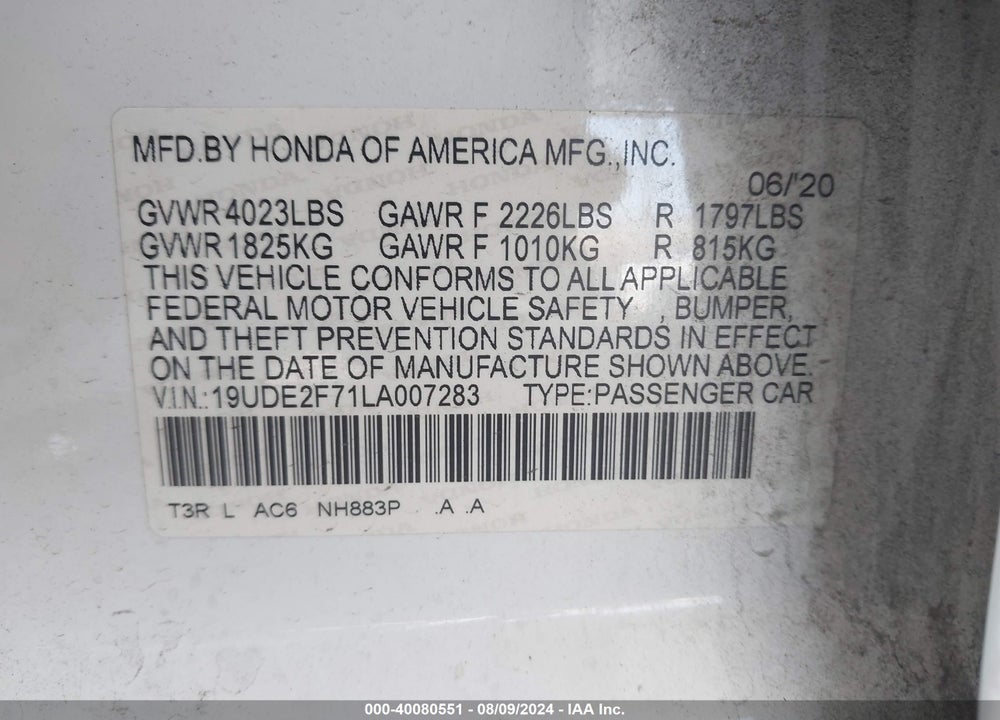 2020 ACURA ILX PREMIUM PACKAGE/TECHNOLOGY PACKAGE VIN: 19UDE2F71LA007283