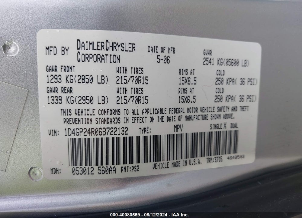 2006 DODGE GRAND CARAVAN SE VIN: 1D4GP24R06B722132