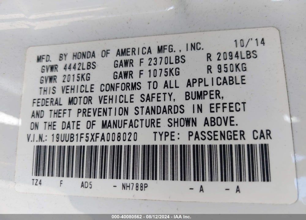 2015 ACURA TLX TECH VIN: 19UUB1F5XFA008020