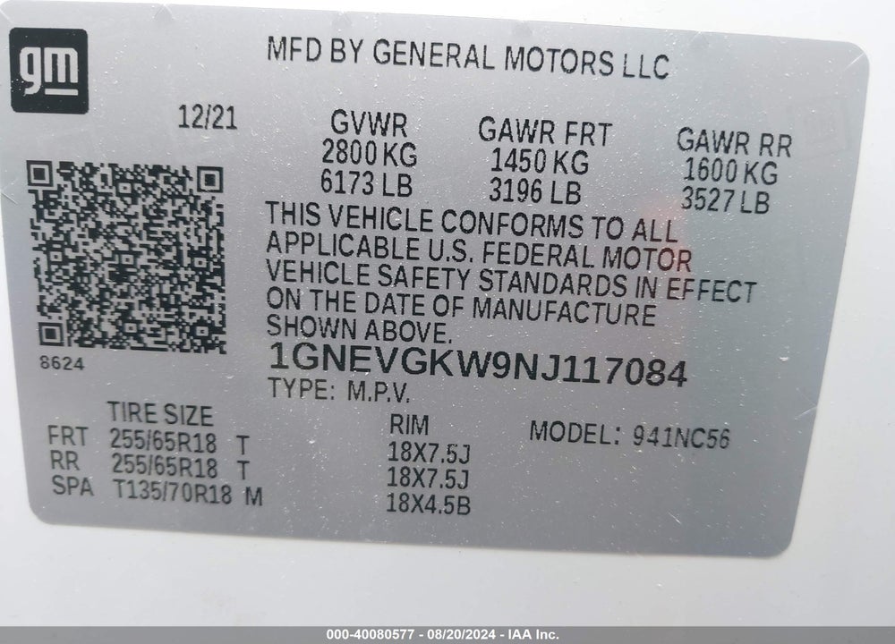 2022 CHEVROLET TRAVERSE AWD LT CLOTH VIN: 1GNEVGKW9NJ117084