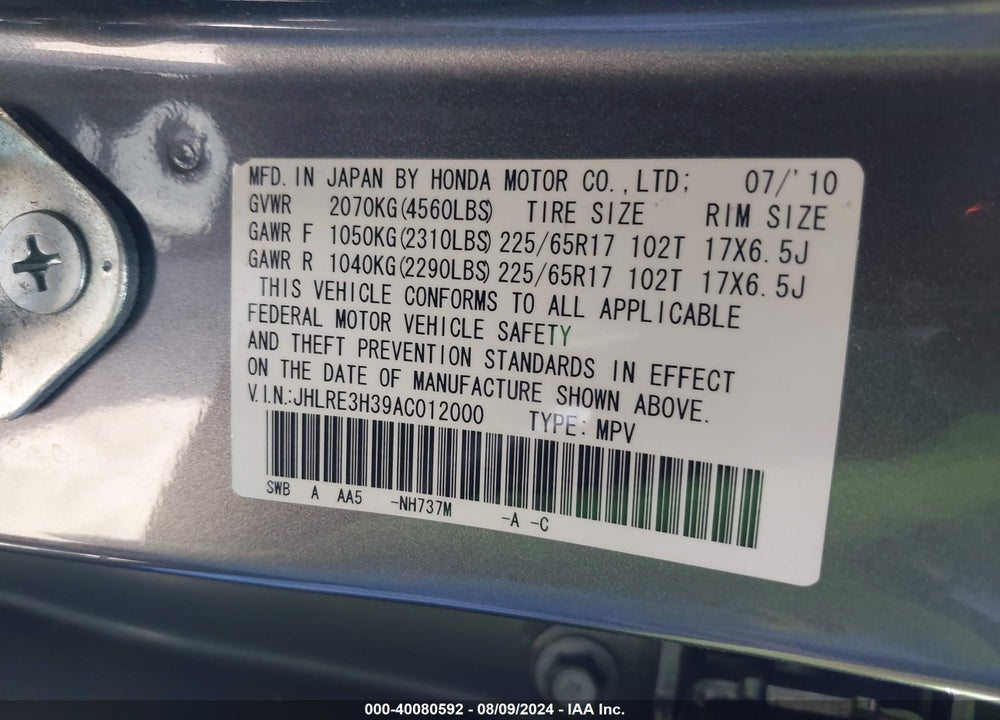 2010 HONDA CR-V LX VIN: JHLRE3H39AC012000
