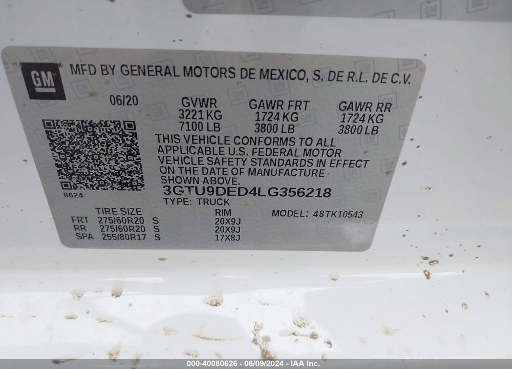 2020 GMC SIERRA 1500 4WD SHORT BOX SLT VIN: 3GTU9DED4LG356218