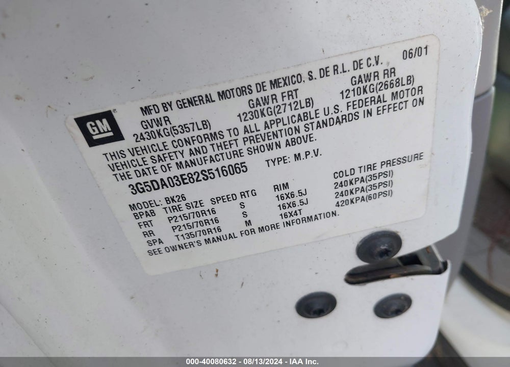2002 BUICK RENDEZVOUS CX VIN: 3G5DA03E82S516065