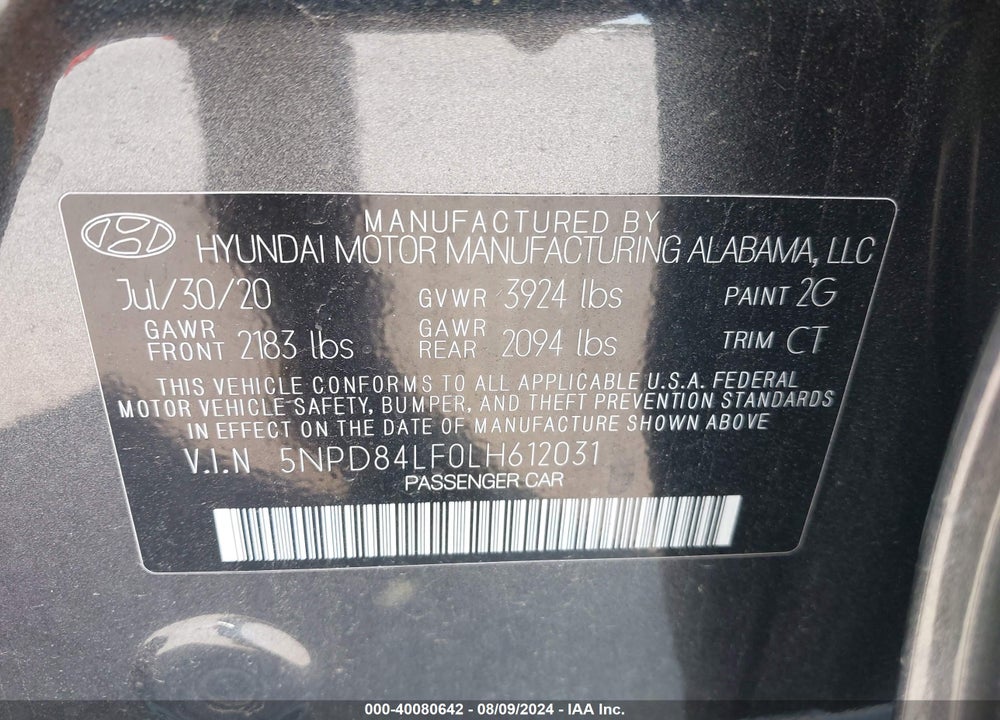 2020 HYUNDAI ELANTRA SEL VIN: 5NPD84LF0LH612031