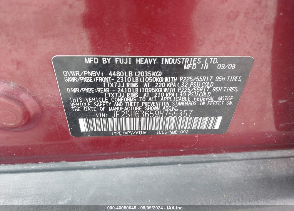 2009 SUBARU FORESTER 2.5X VIN: JF2SH63659H755357