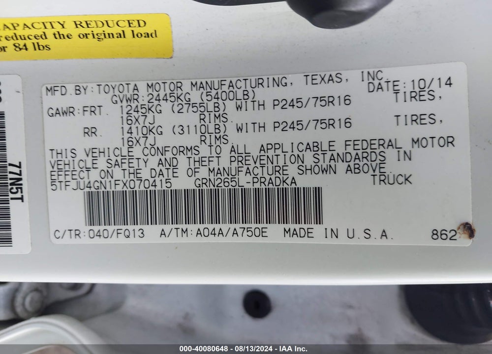 2015 TOYOTA TACOMA PRERUNNER V6 VIN: 5TFJU4GN1FX070415