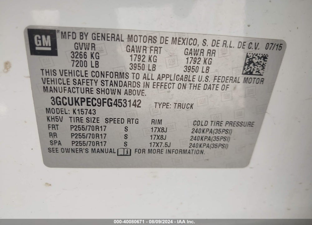 2015 CHEVROLET SILVERADO 1500 LS VIN: 3GCUKPEC9FG453142