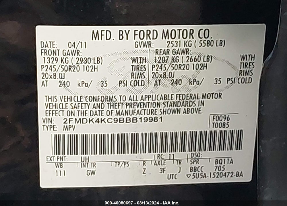 2011 FORD EDGE LIMITED VIN: 2FMDK4KC9BBB19981