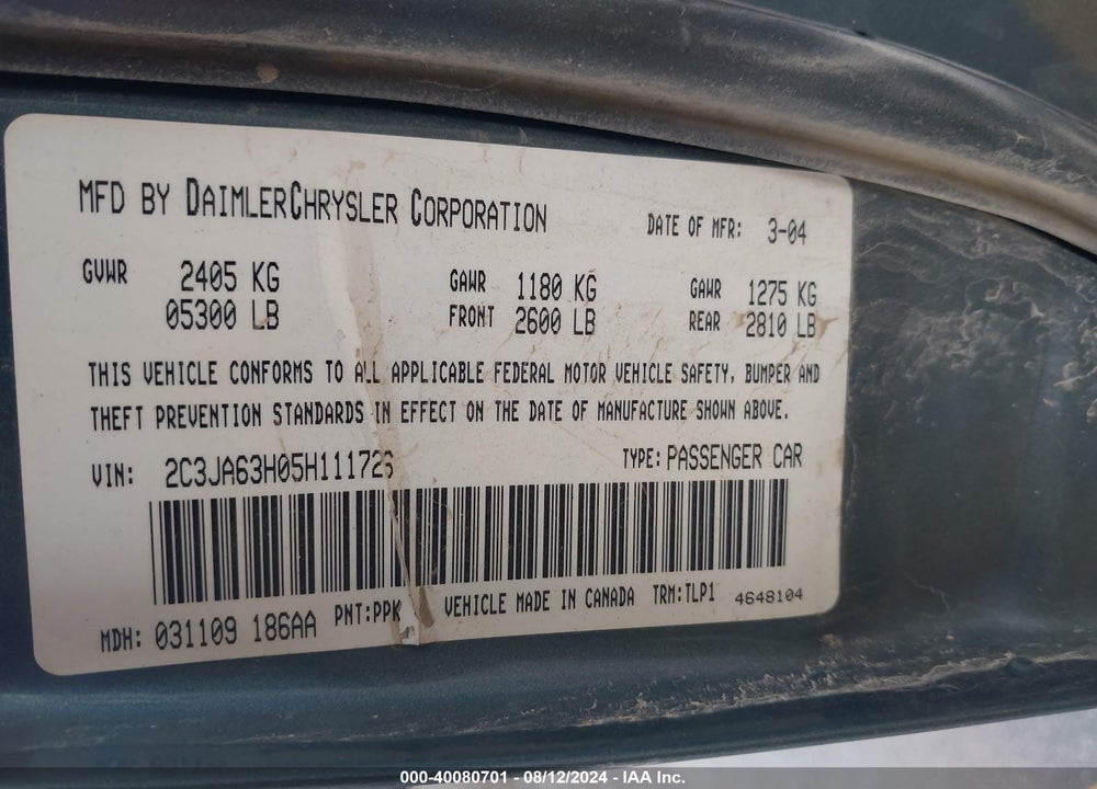 2005 CHRYSLER 300C VIN: 2C3JA63H05H111726