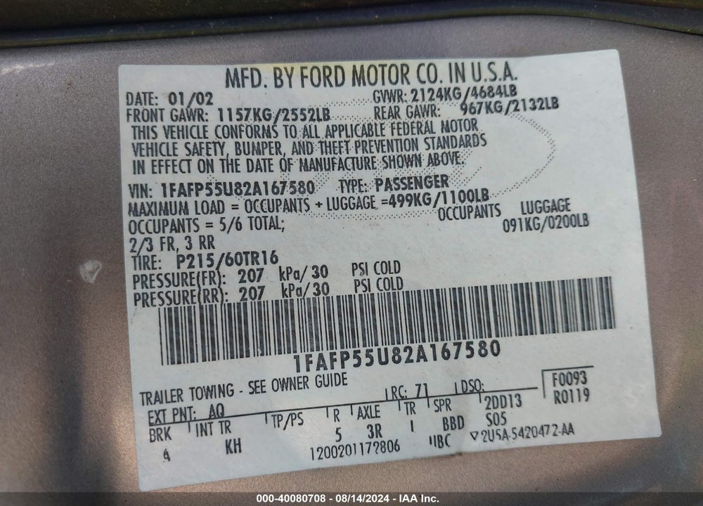 2002 FORD TAURUS SES VIN: 1FAFP55U82A167580