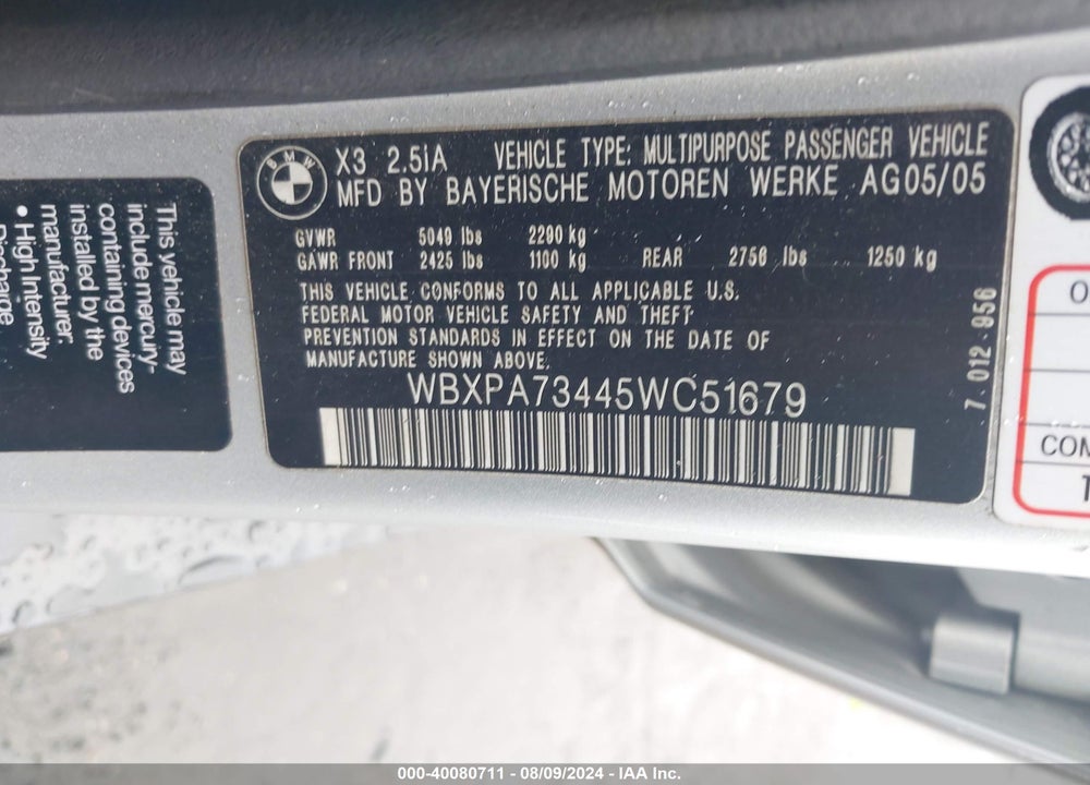 2005 BMW X3 2.5I VIN: WBXPA73445WC51679