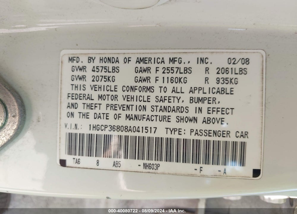 2008 HONDA ACCORD 3.5 EX-L VIN: 1HGCP36808A041517