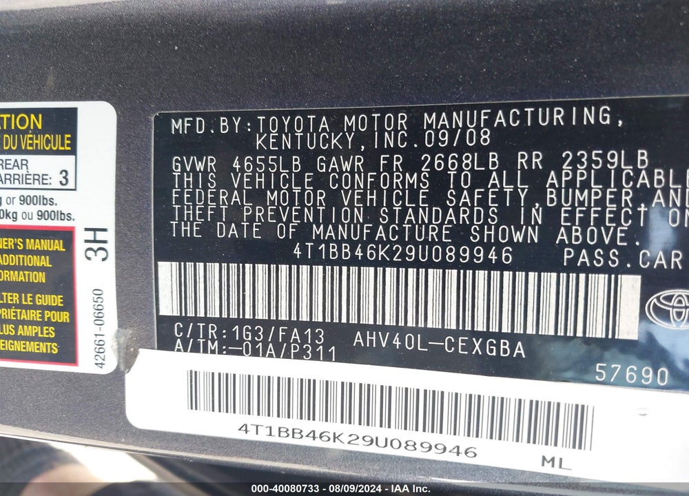 2009 TOYOTA CAMRY HYBRID VIN: 4T1BB46K29U089946