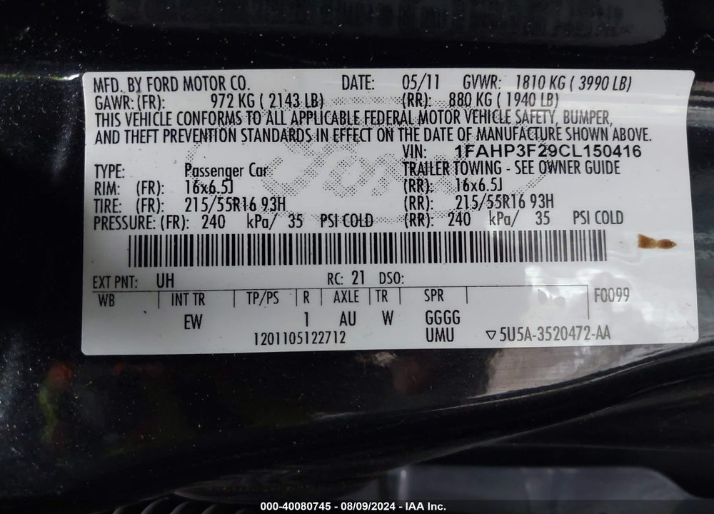 2012 FORD FOCUS SE VIN: 1FAHP3F29CL150416