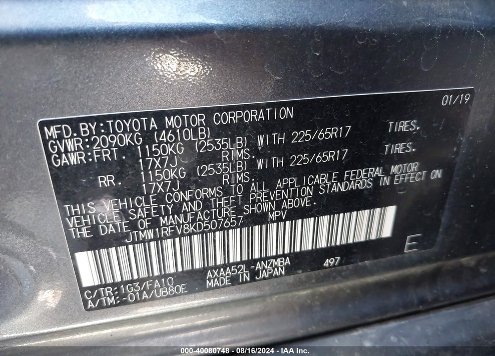 2019 TOYOTA RAV4 XLE VIN: JTMW1RFV8KD507657