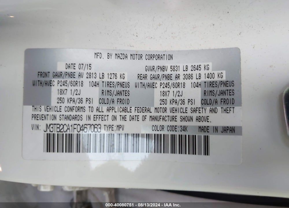 2015 MAZDA CX-9 TOURING VIN: JM3TB2CA1F0467063