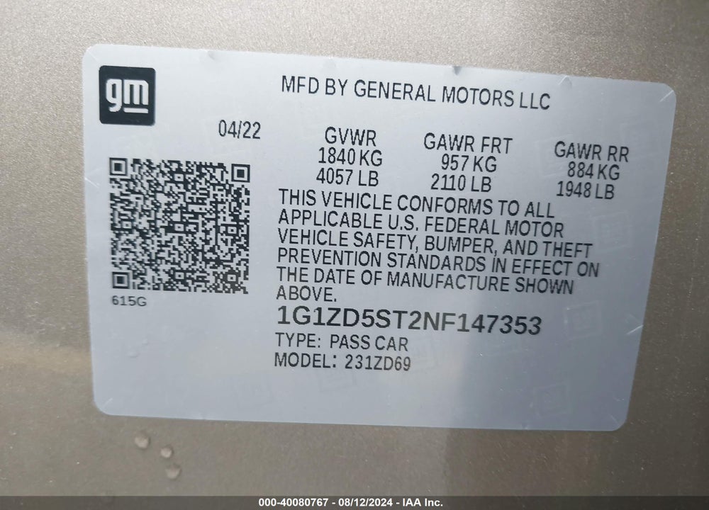 2022 CHEVROLET MALIBU FWD LT VIN: 1G1ZD5ST2NF147353
