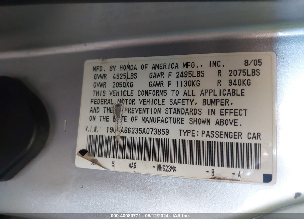 2005 ACURA TL VIN: 19UUA66235A073859