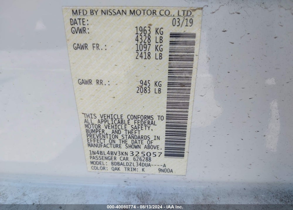2019 NISSAN ALTIMA 2.5 S VIN: 1N4BL4BV3KN325057