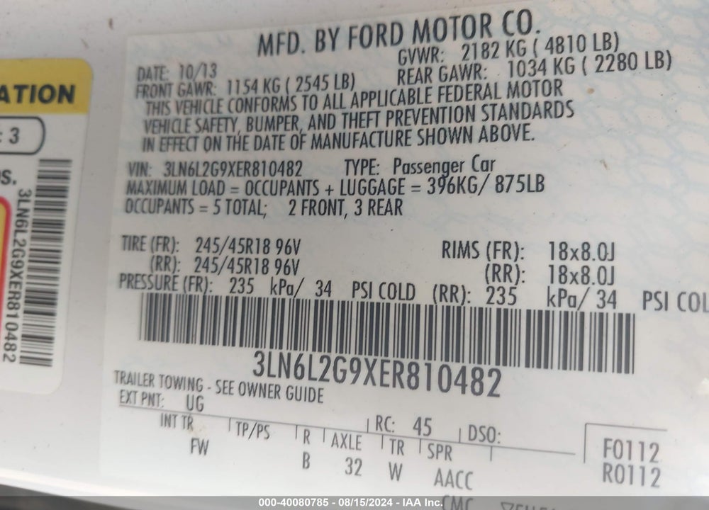 2014 LINCOLN MKZ VIN: 3LN6L2G9XER810482