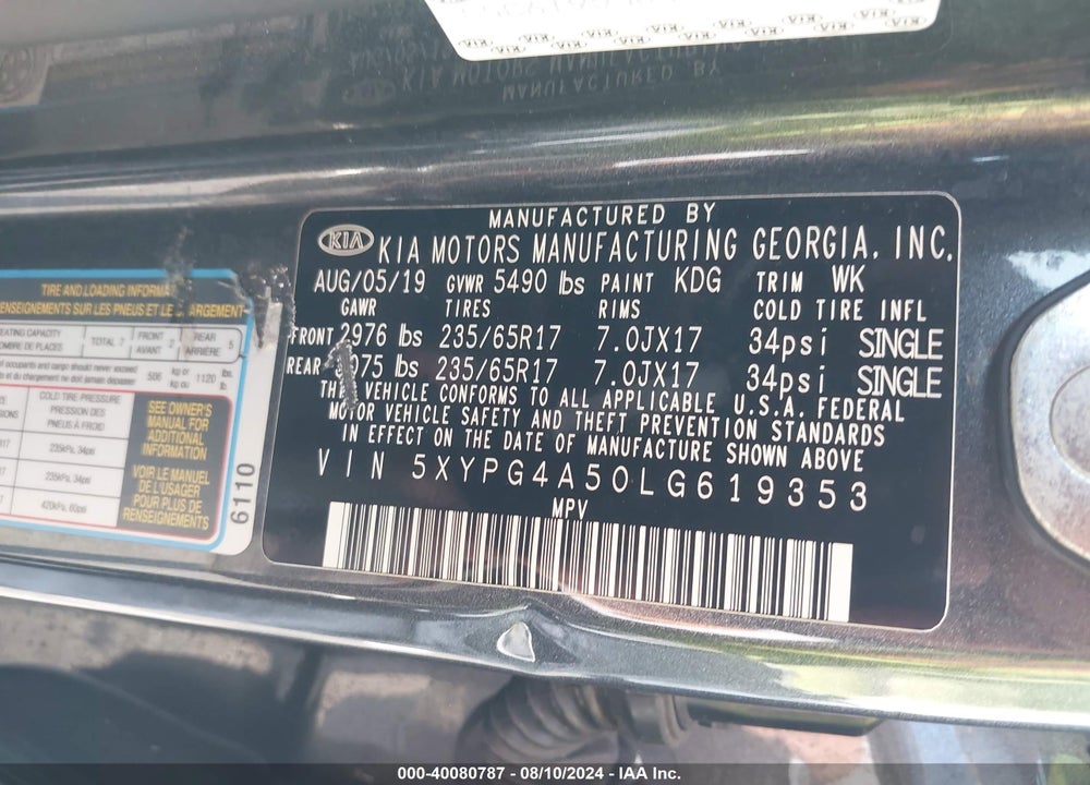 2020 KIA SORENTO 3.3L LX VIN: 5XYPG4A50LG619353