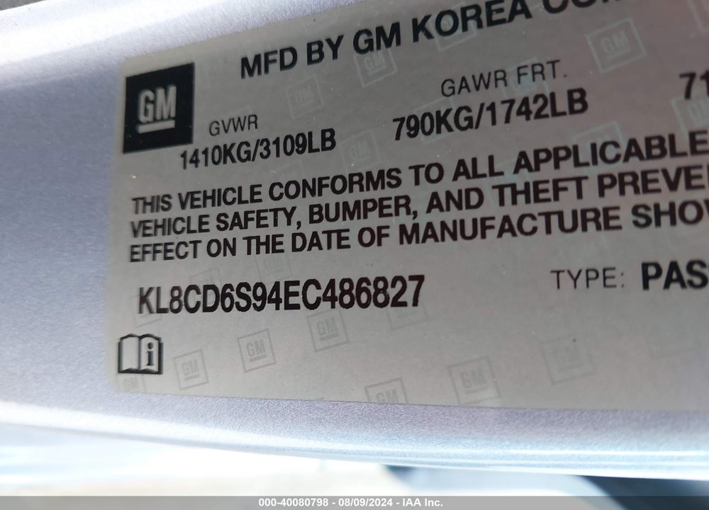2014 CHEVROLET SPARK 1LT AUTO VIN: KL8CD6S94EC486827