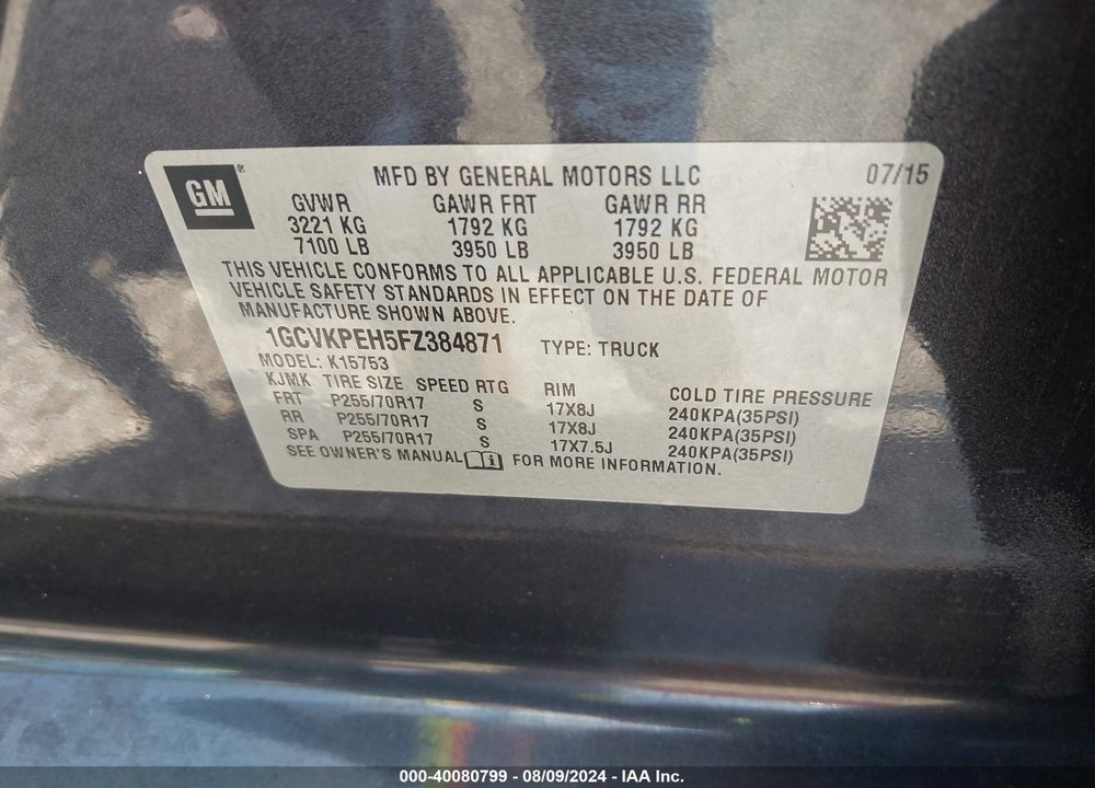 2015 CHEVROLET SILVERADO 1500 WT VIN: 1GCVKPEH5FZ384871