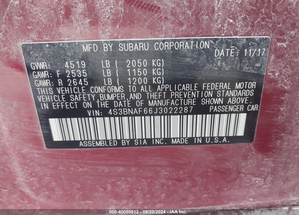 2018 SUBARU LEGACY 2.5I PREMIUM VIN: 4S3BNAF66J3022287