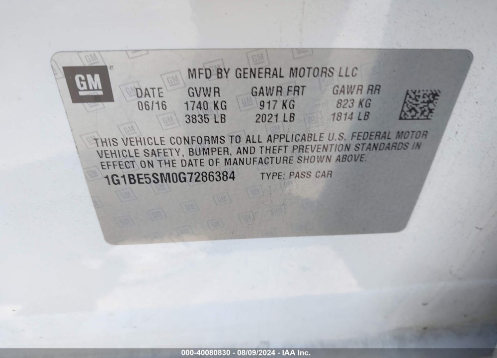 2016 CHEVROLET CRUZE LT AUTO VIN: 1G1BE5SM0G7286384