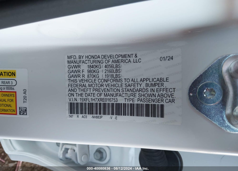2024 HONDA CIVIC EX-L VIN: 19XFL1H7XRE016753