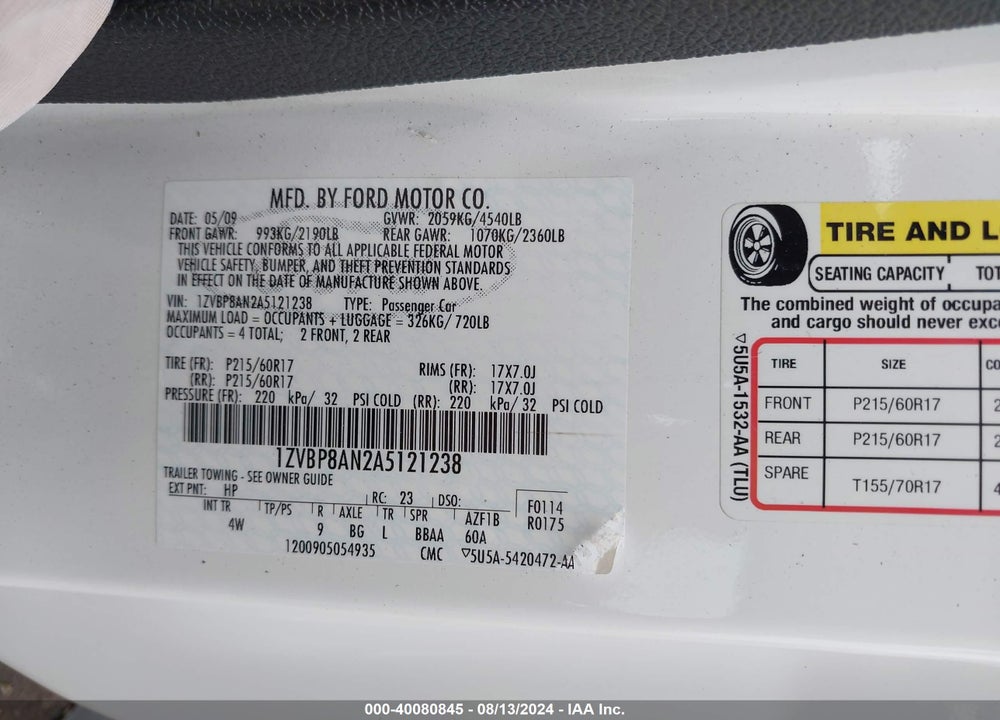 2010 FORD MUSTANG VIN: 1ZVBP8AN2A5121238